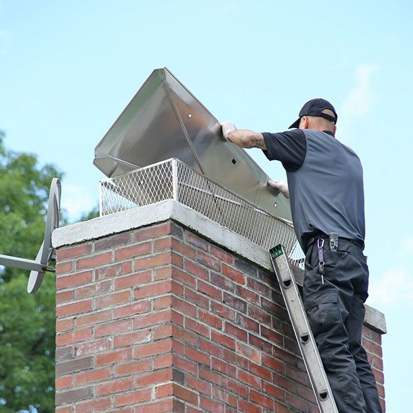 Technician installing a stainless steel chimney cap